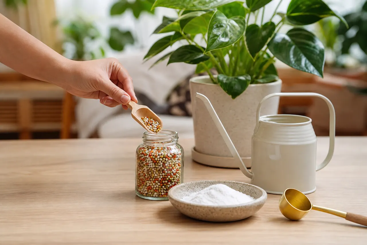 Mão medindo adubo mineral ao lado de um vaso de planta