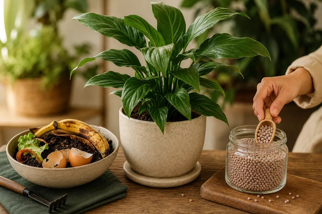 Planta em vaso entre adubo orgânico e adubo mineral
