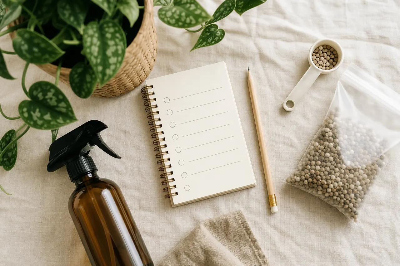 Caderno de checklist ao lado de borrifador e adubo para plantas