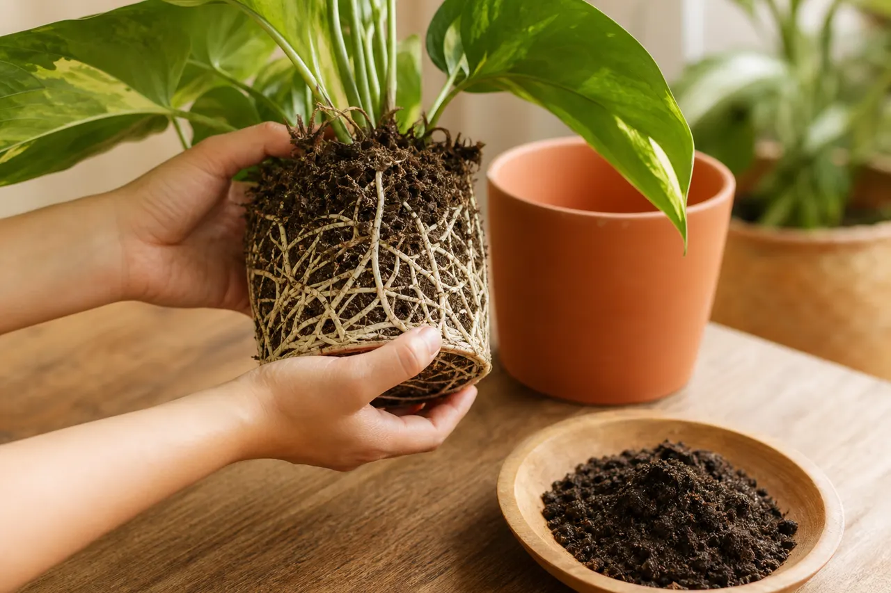 Mãos segurando o torrão de uma planta com as raízes à mostra