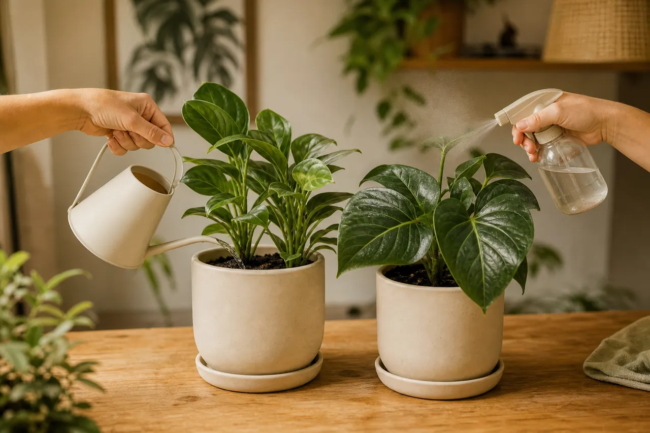 Duas plantas em vasos claros recebendo água e borrifo nas folhas