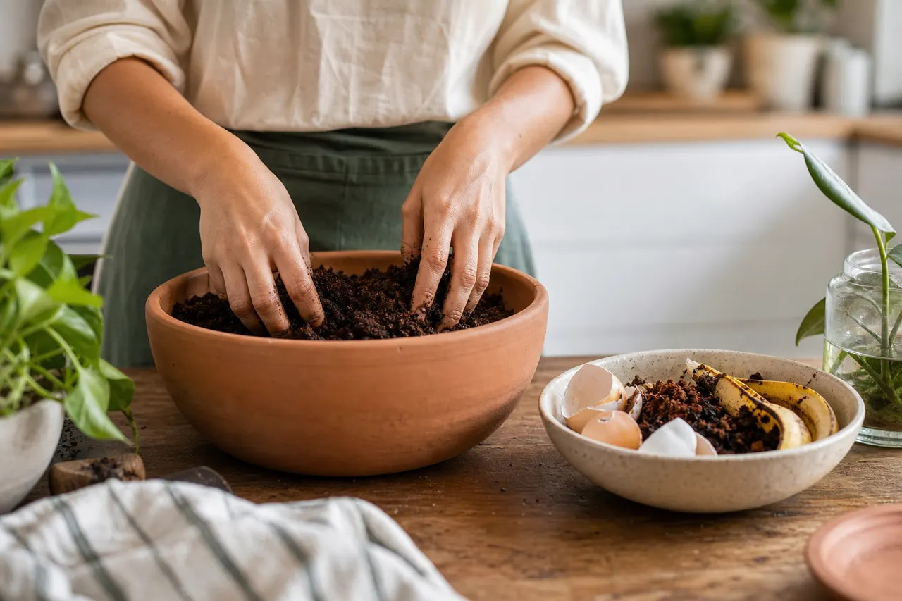 Mãos misturando terra num vaso de barro, com cascas de ovo e borra de café ao lado