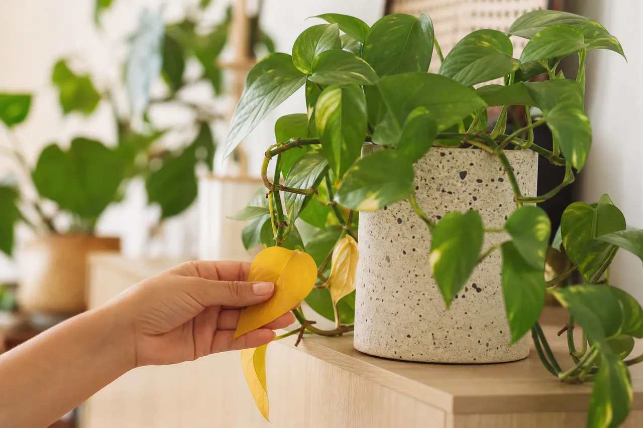 Mão segurando uma folha amarela de uma planta no vaso