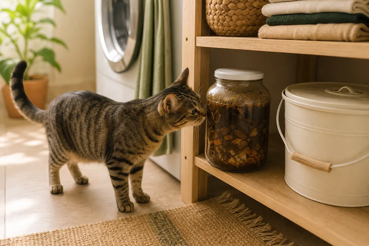 Gato curioso cheirando um pote de adubo fechado na área de serviço