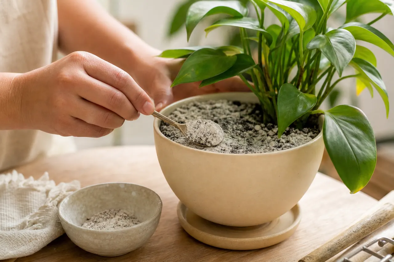 Mão cuidando da terra de um vaso de planta
