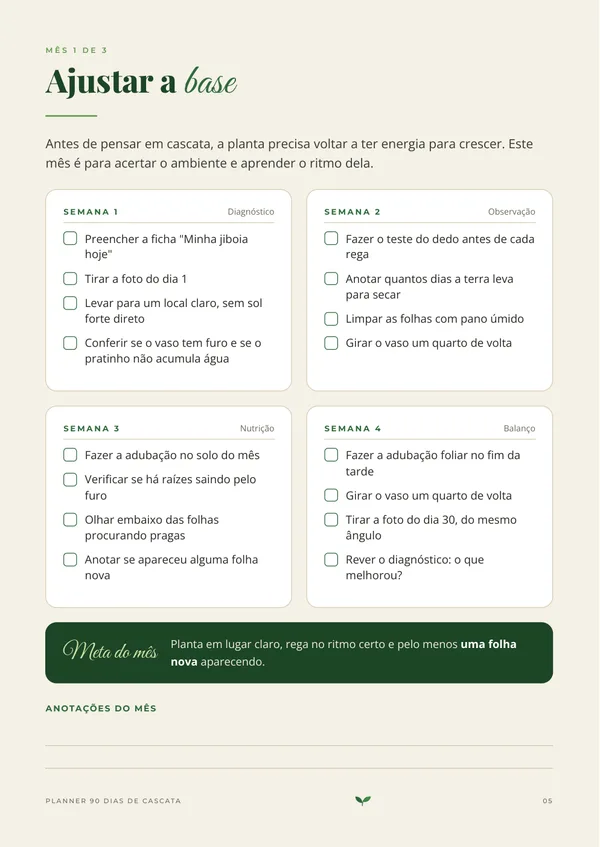 Página do planner com as tarefas do Mês 1, semana a semana