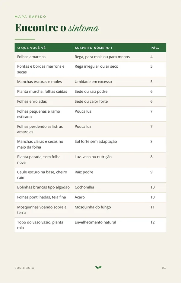 Página do guia com o mapa rápido de sintomas