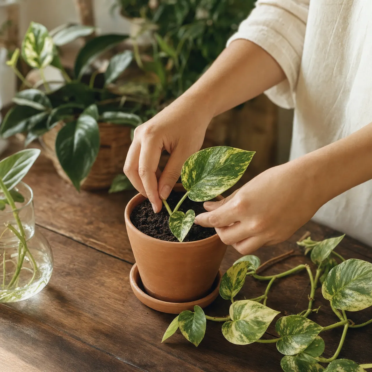 Mãos plantando uma estaca de jiboia num vaso de barro