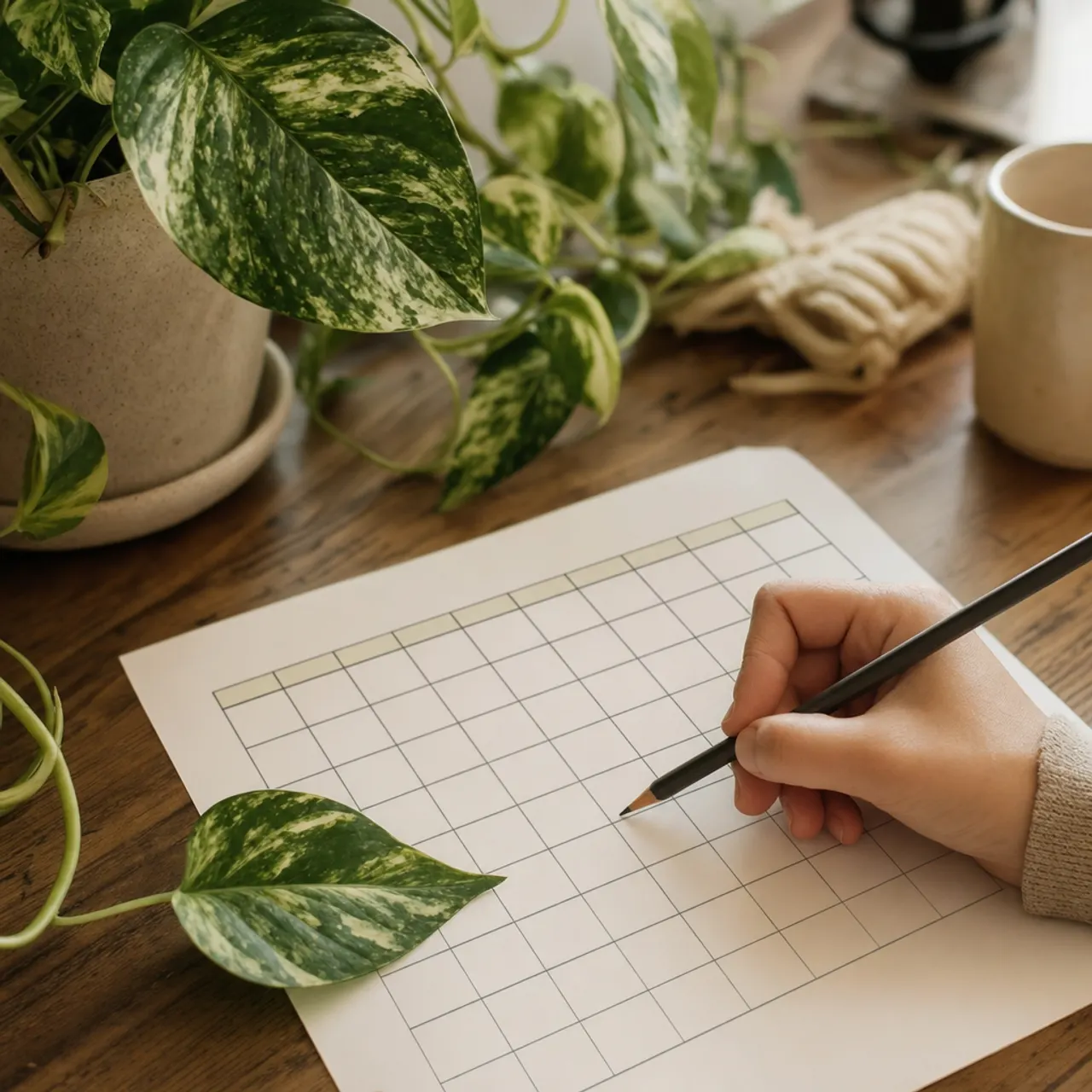 Mão preenchendo o diário de cuidados do planner